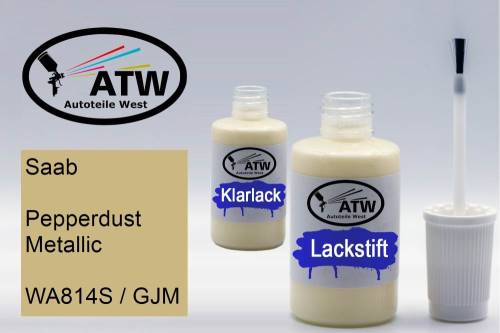 Saab, Pepperdust Metallic, WA814S / GJM: 20ml Lackstift + 20ml Klarlack - Set, von ATW Autoteile West.